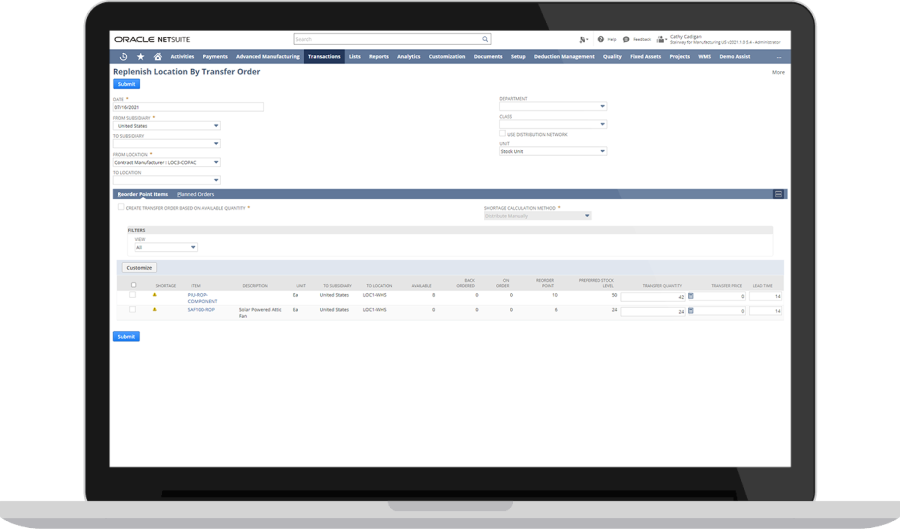 replenish location by transfer order dashboard