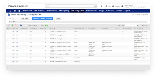 NetSuite WMS 在庫受入戦略リスト ダッシュボード
